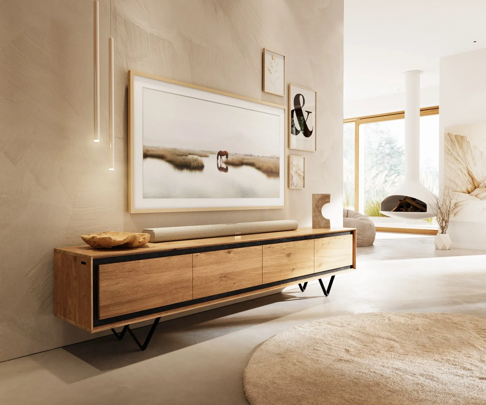 TV Stand Stonegrace 200cm Oak Wood Natural 4 Doors Stone Veneer V-Foot Metal Black