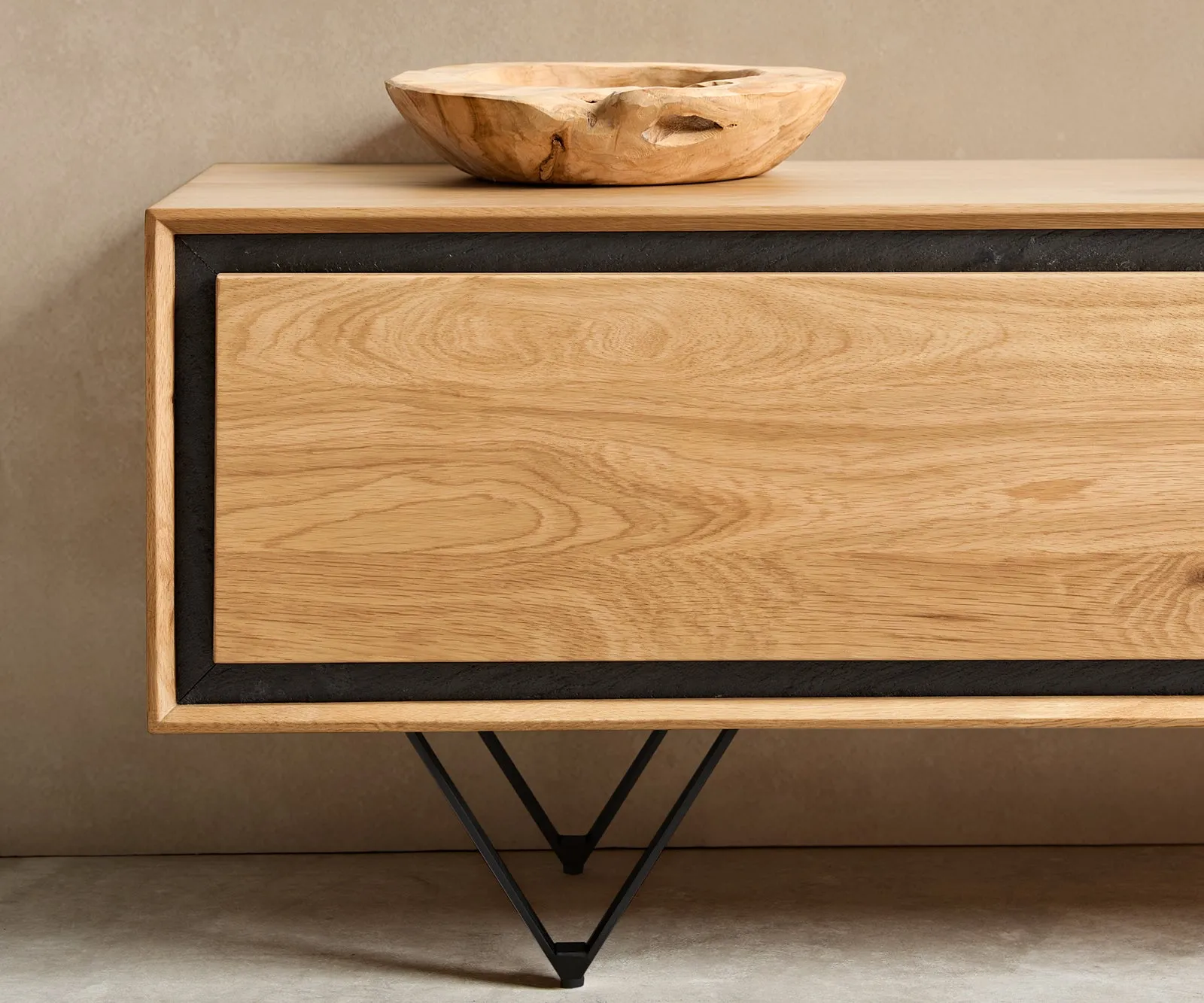 TV Stand Stonegrace 200cm Oak Wood Natural 4 Doors Stone Veneer V-Foot Metal Black