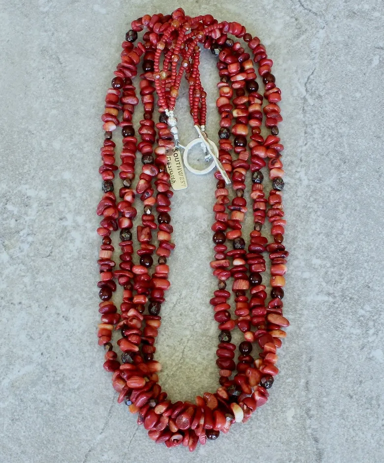 Variegated Coral Nugget 4-Strand Necklace with Carnelian, Czech Glass and Sterling Silver