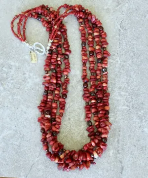Variegated Coral Nugget 4-Strand Necklace with Carnelian, Czech Glass and Sterling Silver
