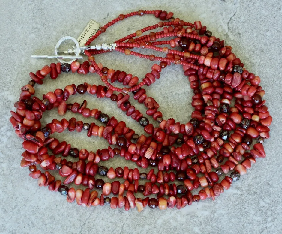 Variegated Coral Nugget 4-Strand Necklace with Carnelian, Czech Glass and Sterling Silver
