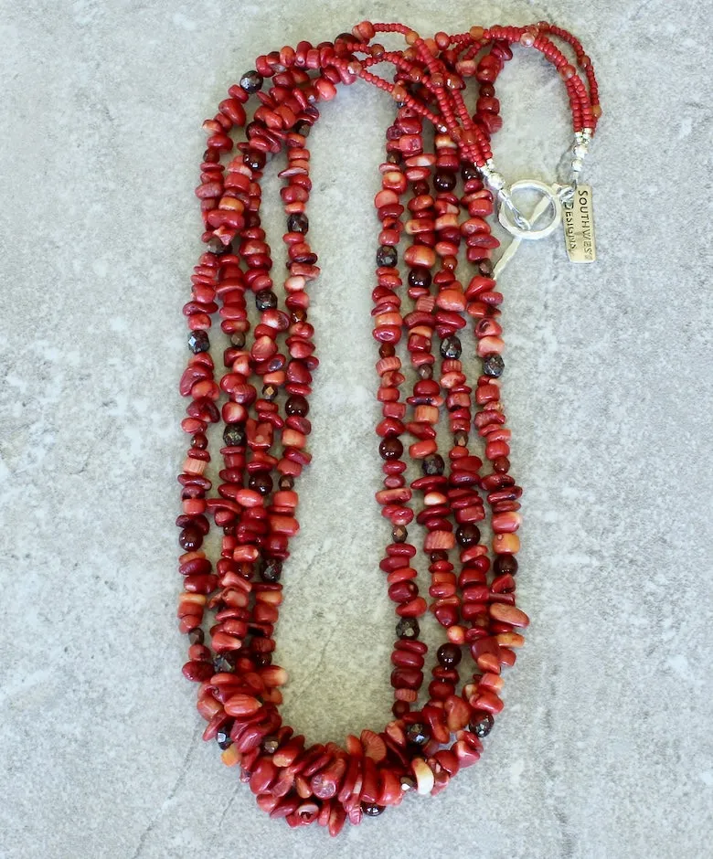 Variegated Coral Nugget 4-Strand Necklace with Carnelian, Czech Glass and Sterling Silver