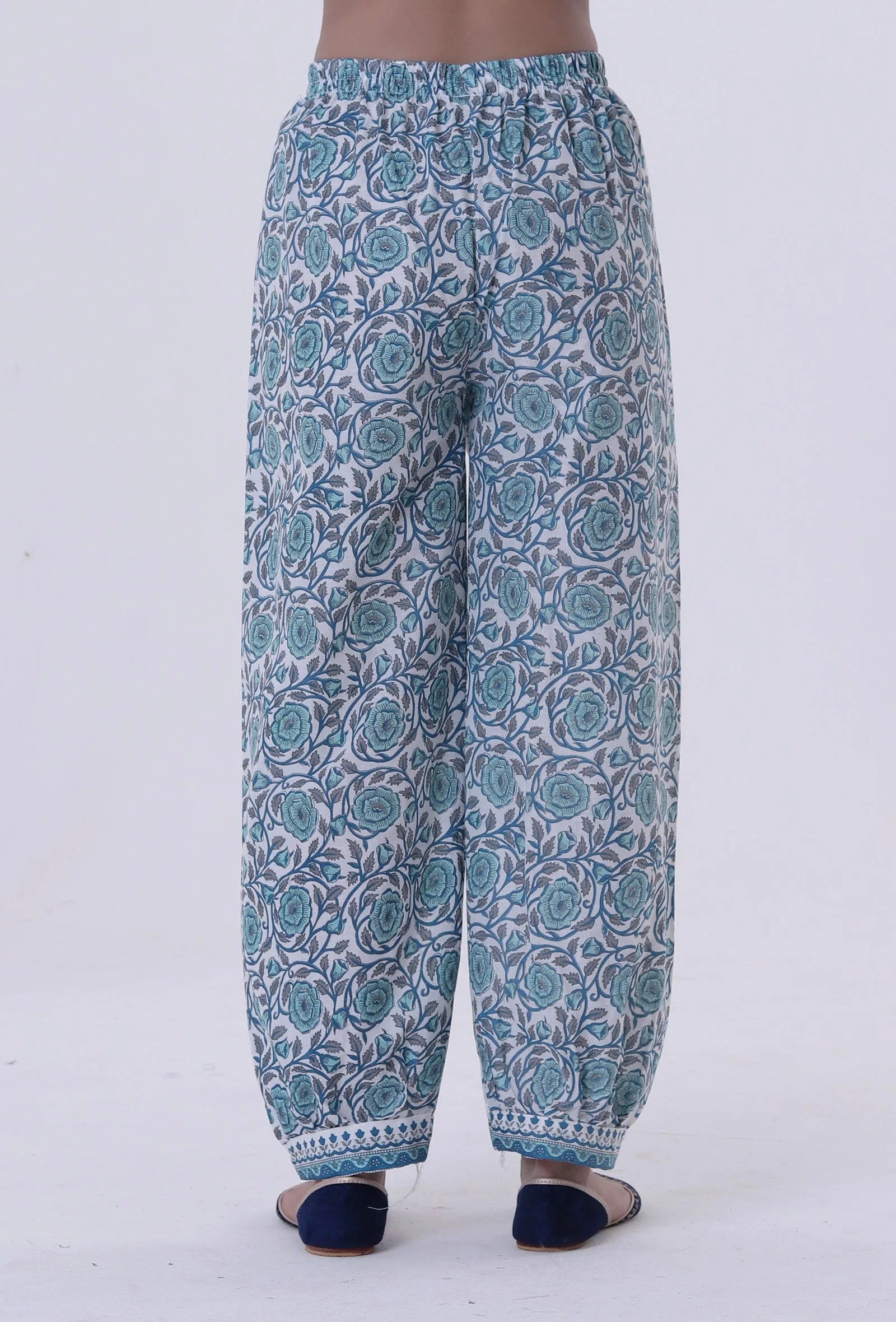 White Cotton Pant With Blue Motif