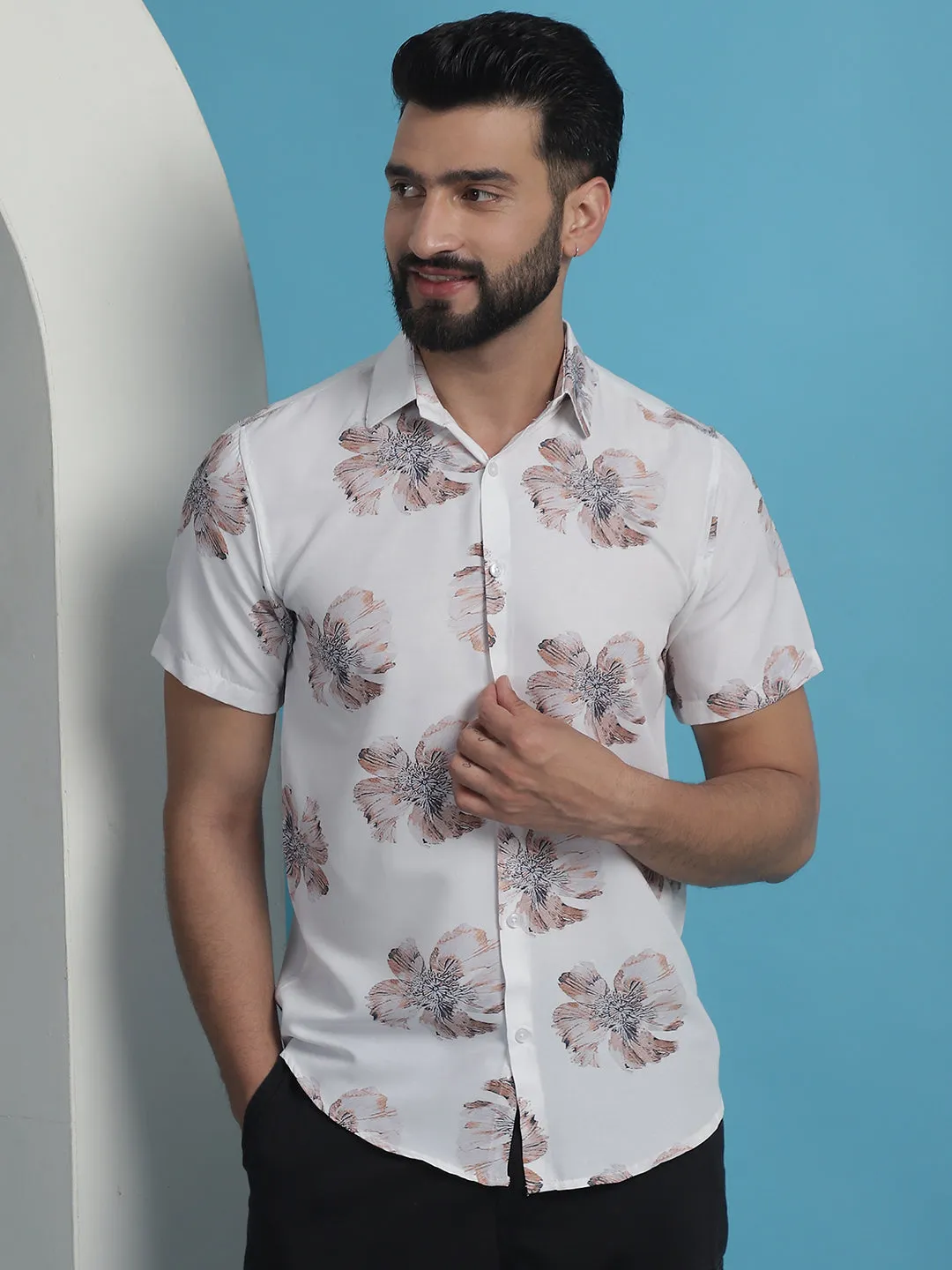 White Floral Printed Cotton Casual Shirt