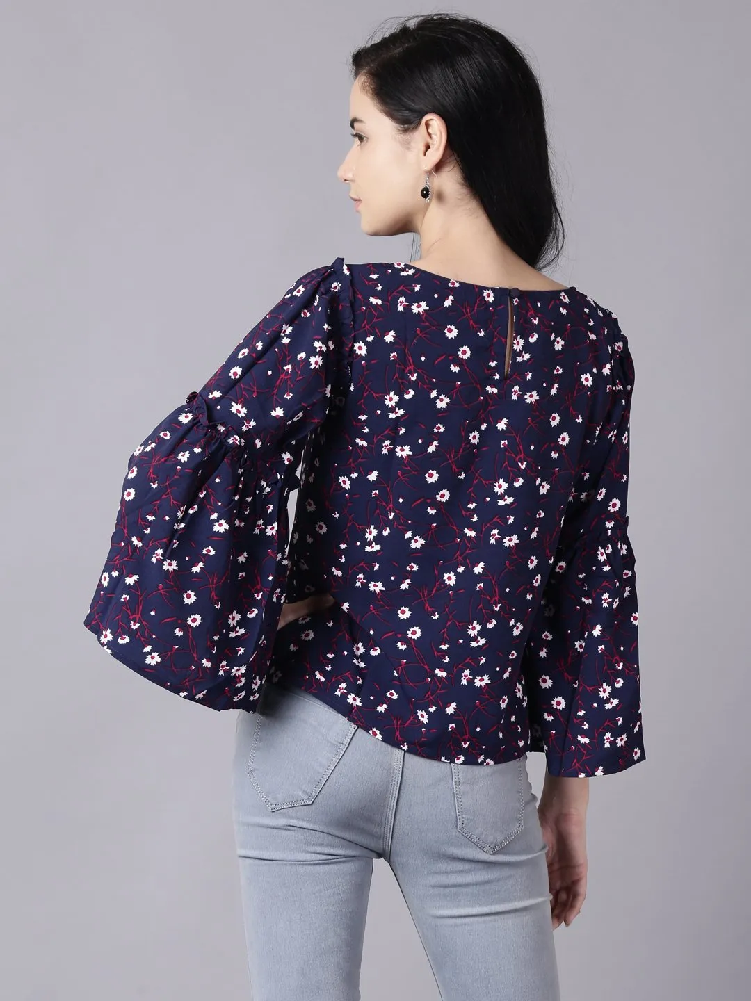 Women Navy Blue Casual Printed Boat Neck Top