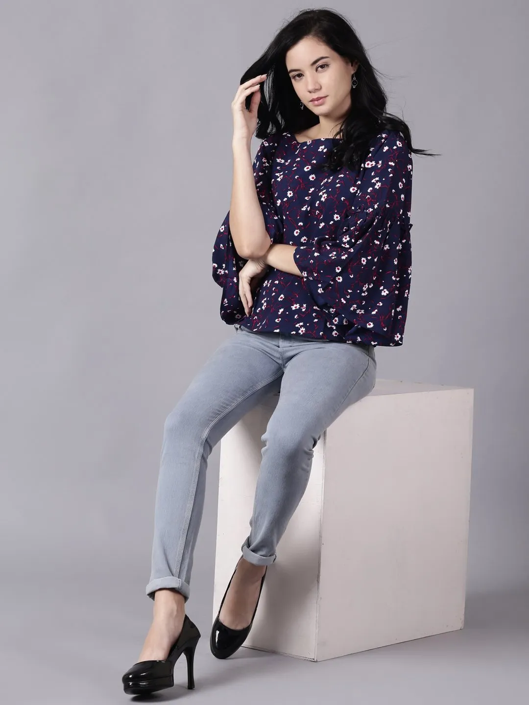 Women Navy Blue Casual Printed Boat Neck Top