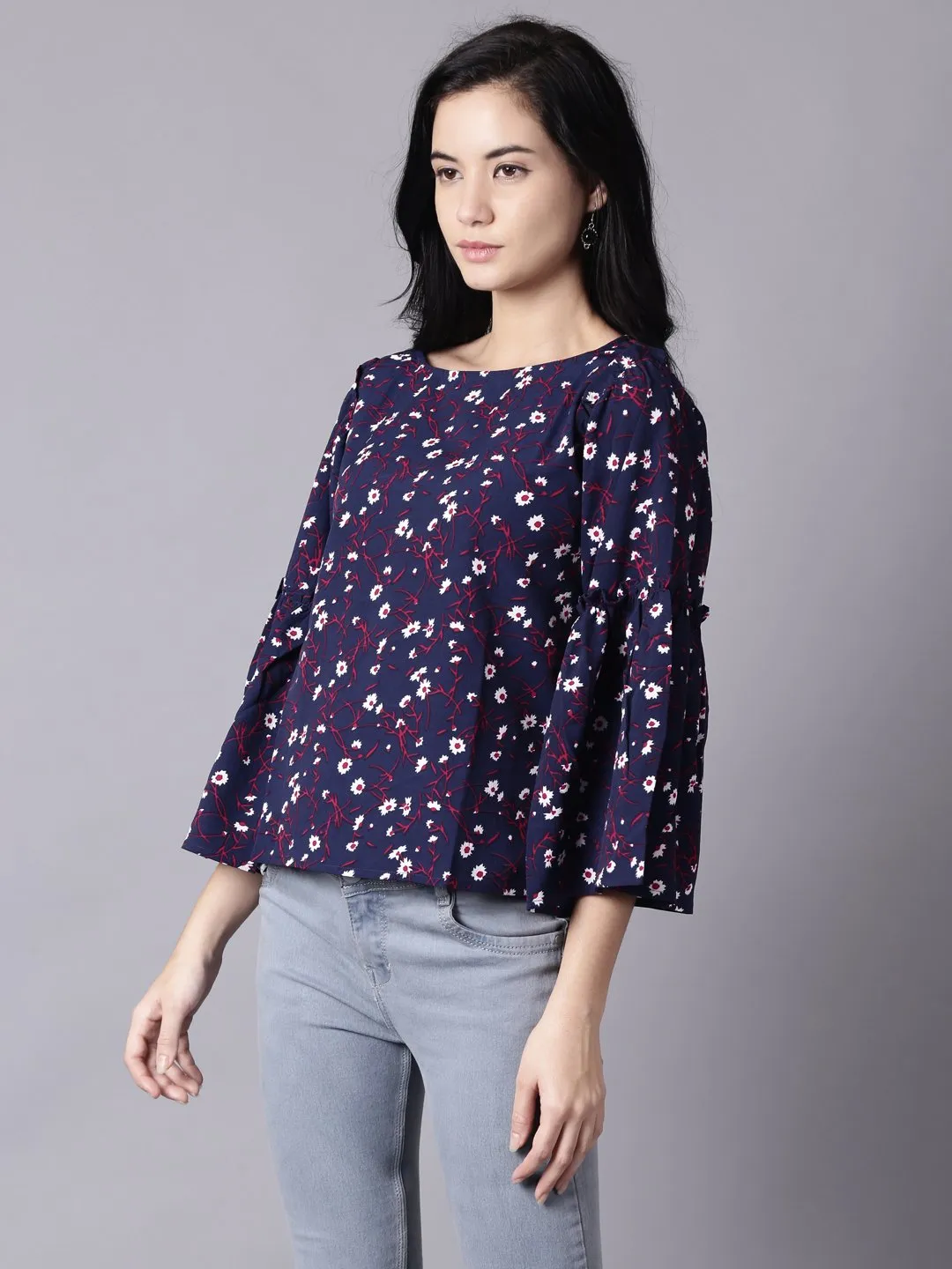 Women Navy Blue Casual Printed Boat Neck Top