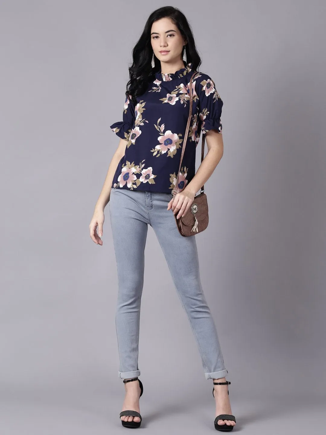 Women Navy Blue Casual Printed High Neck Top