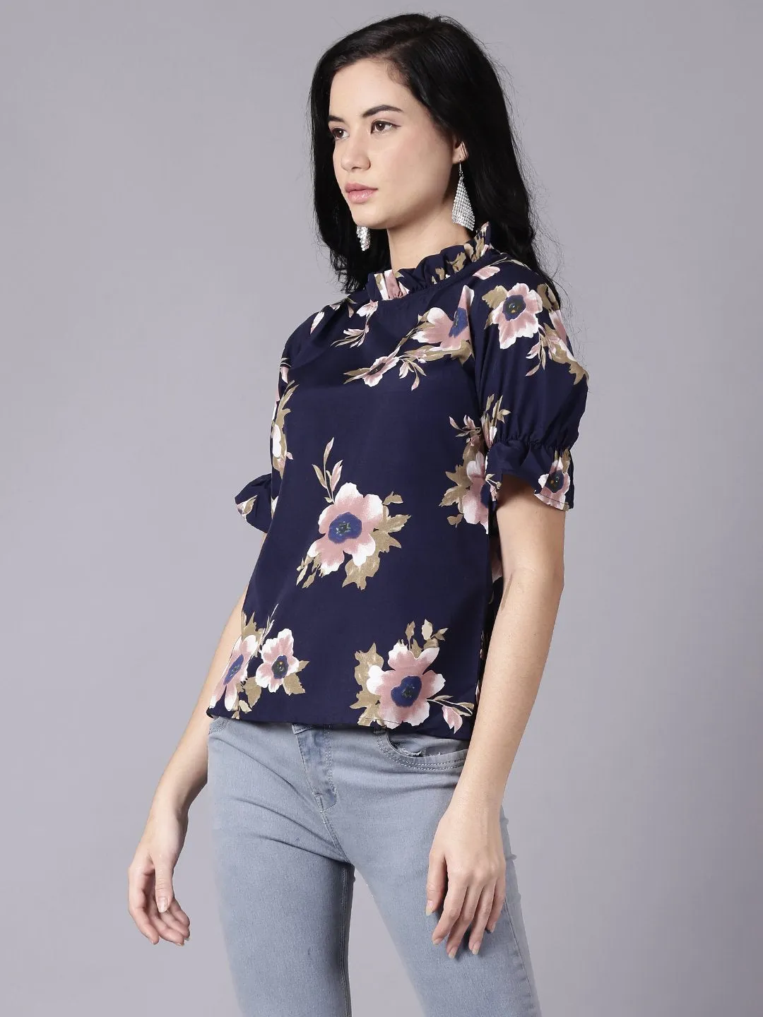 Women Navy Blue Casual Printed High Neck Top