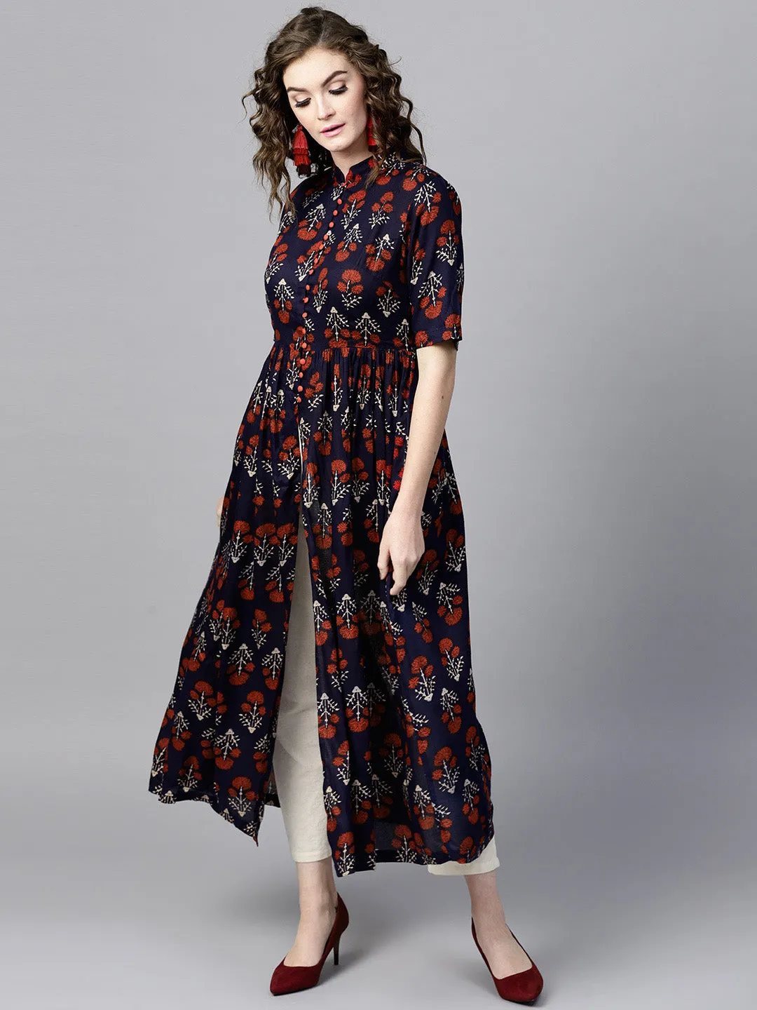 Women Navy Floral Front Open Shirt Kurta