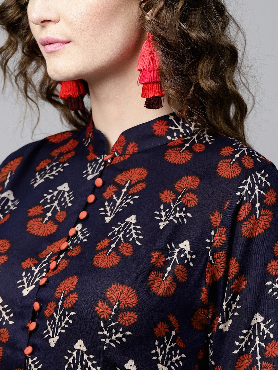 Women Navy Floral Front Open Shirt Kurta