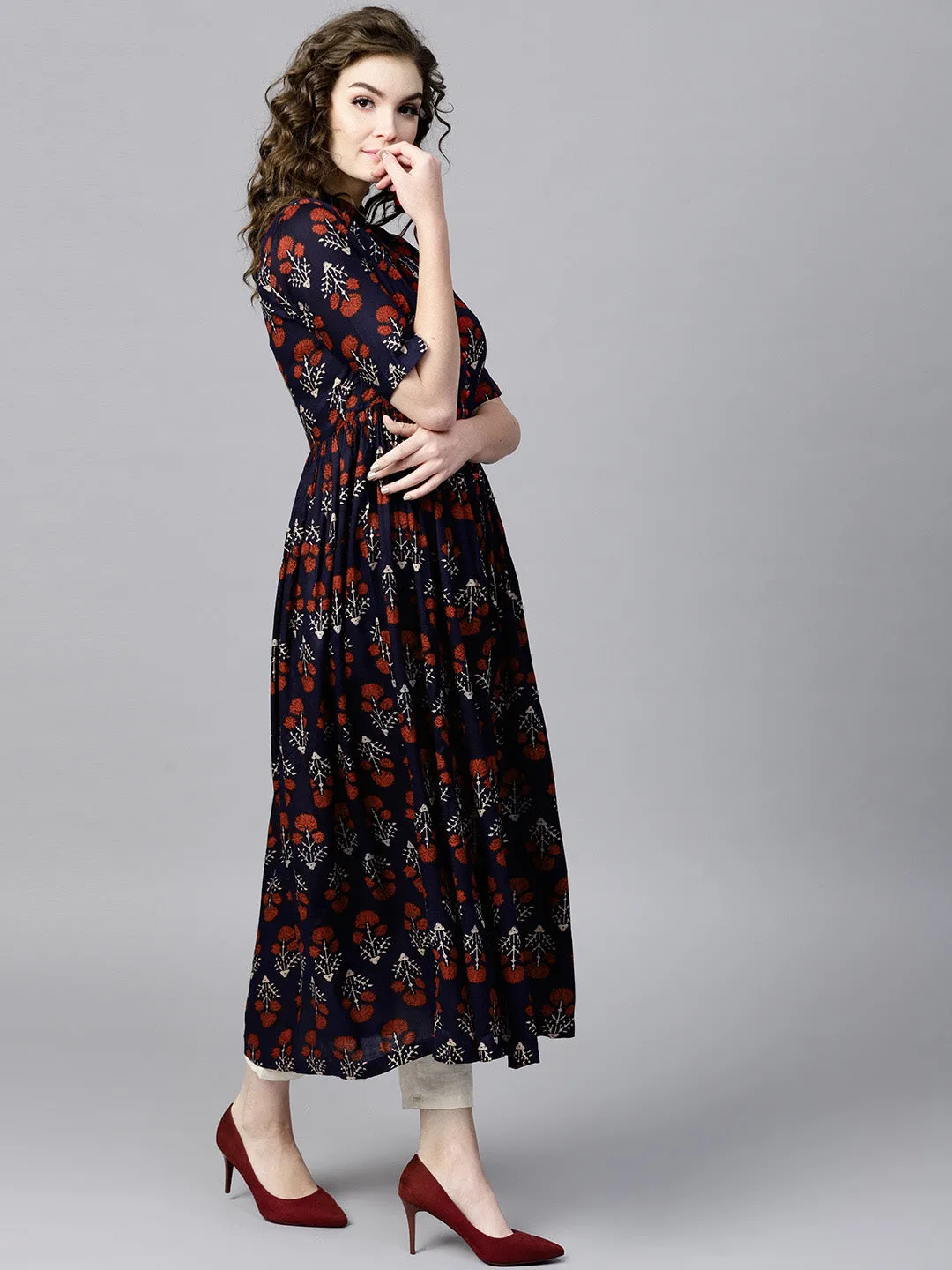 Women Navy Floral Front Open Shirt Kurta
