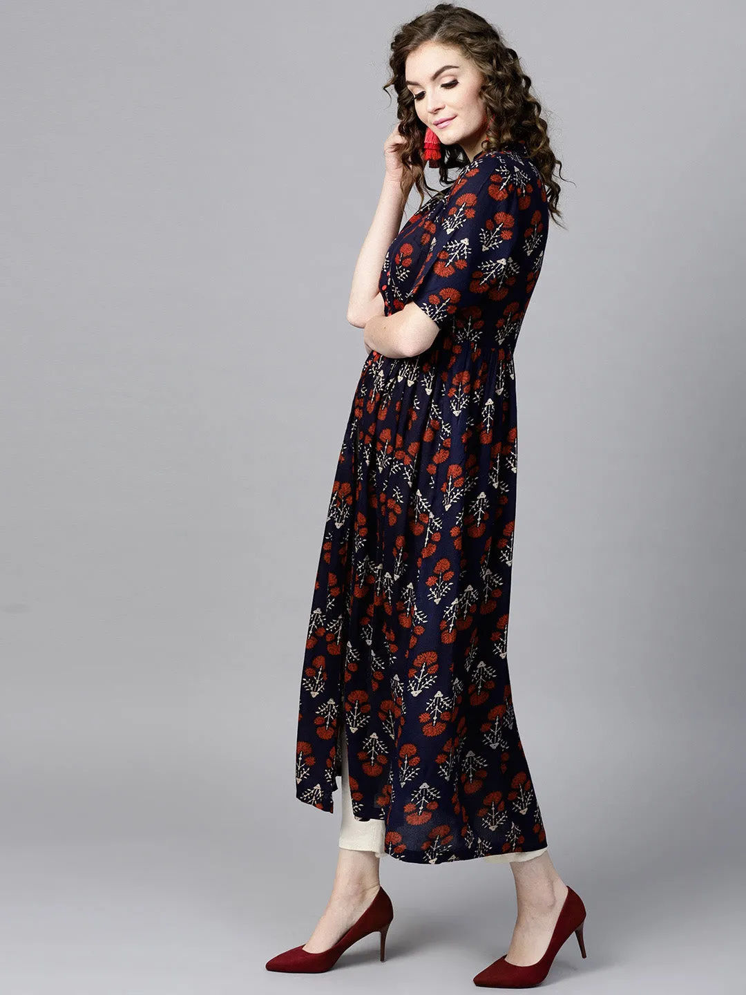 Women Navy Floral Front Open Shirt Kurta