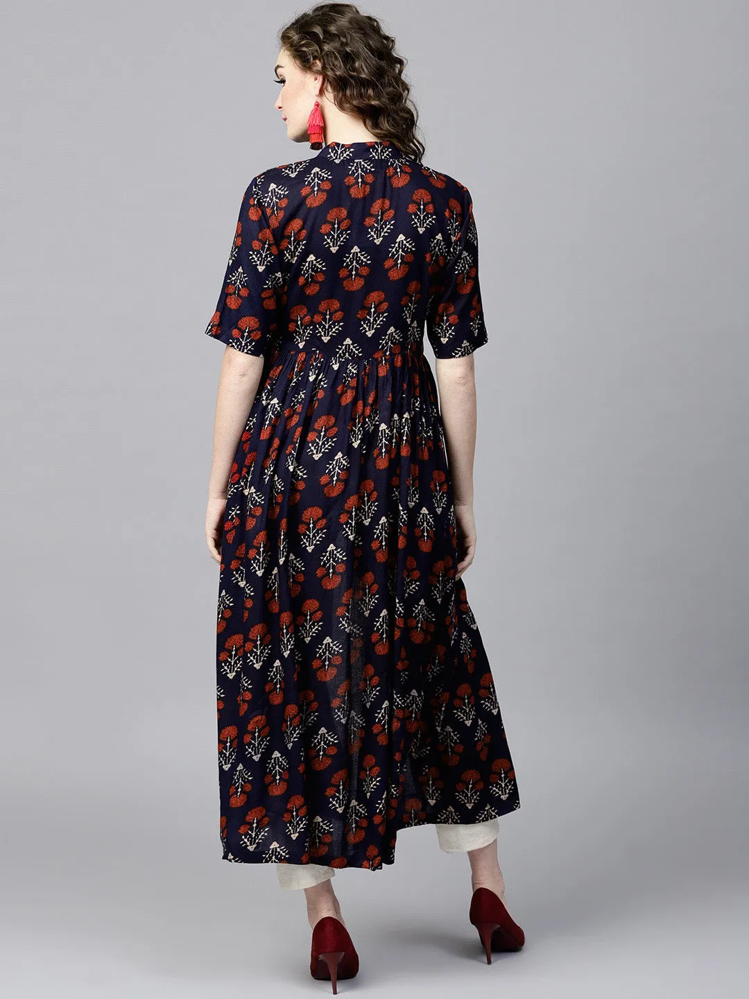 Women Navy Floral Front Open Shirt Kurta