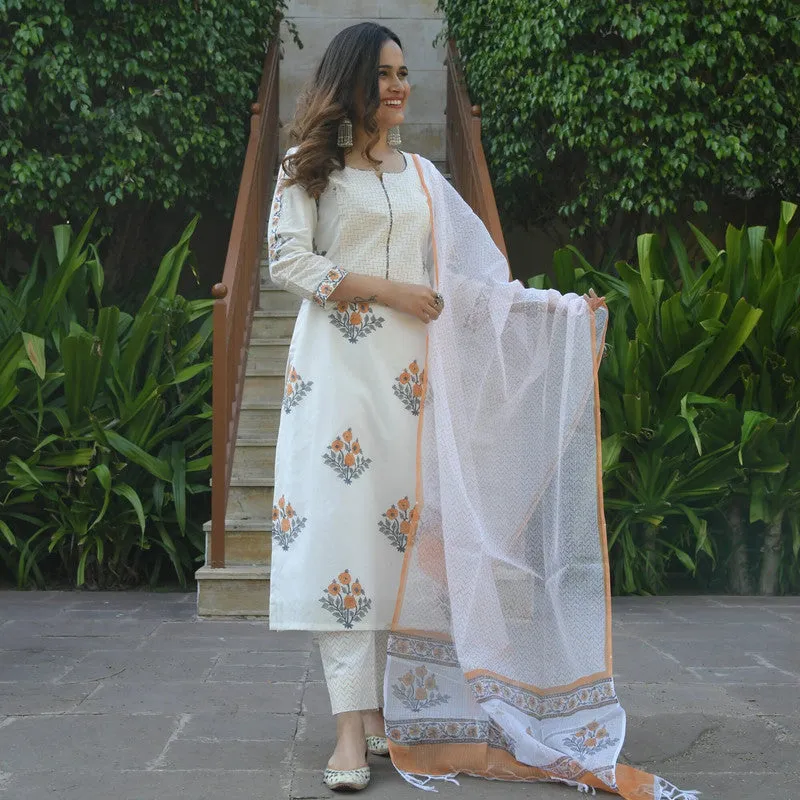 Women White Cotton Floral Printed Kurta Pant & Dupatta Set