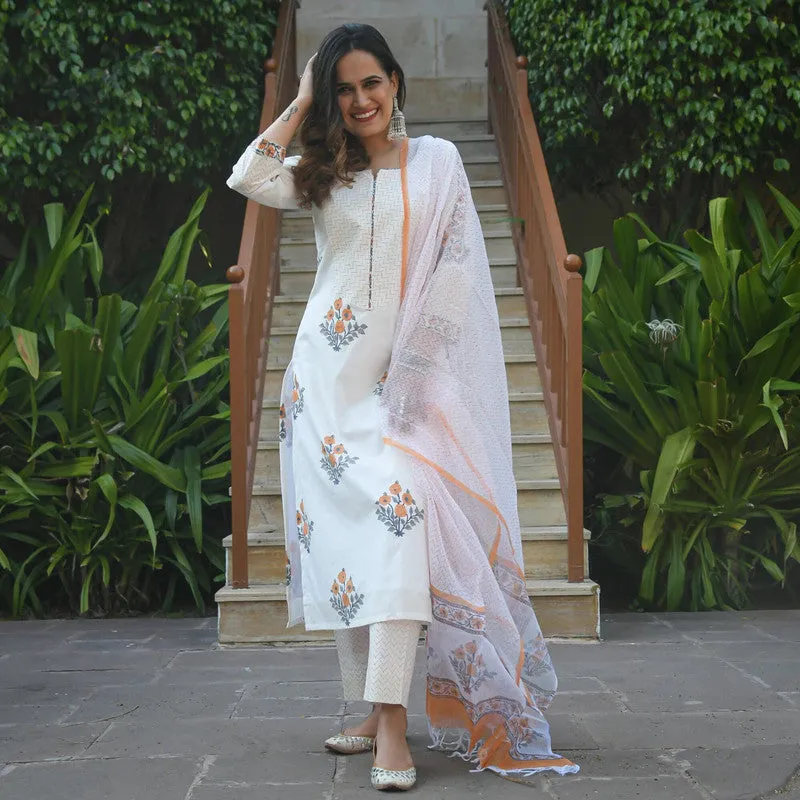 Women White Cotton Floral Printed Kurta Pant & Dupatta Set