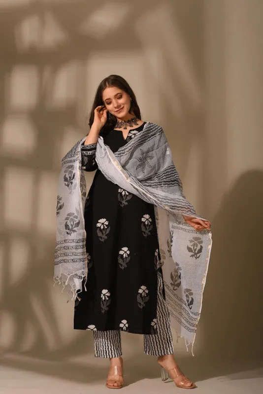 Women's Cotton Floral Printed Black Kurta Pant Set With Dupatta