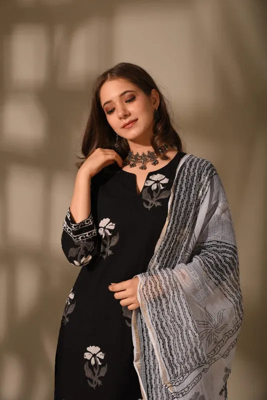 Women's Cotton Floral Printed Black Kurta Pant Set With Dupatta