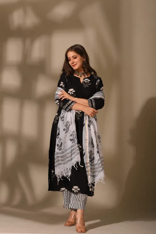 Women's Cotton Floral Printed Black Kurta Pant Set With Dupatta