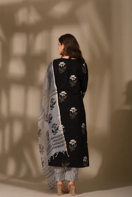 Women's Cotton Floral Printed Black Kurta Pant Set With Dupatta