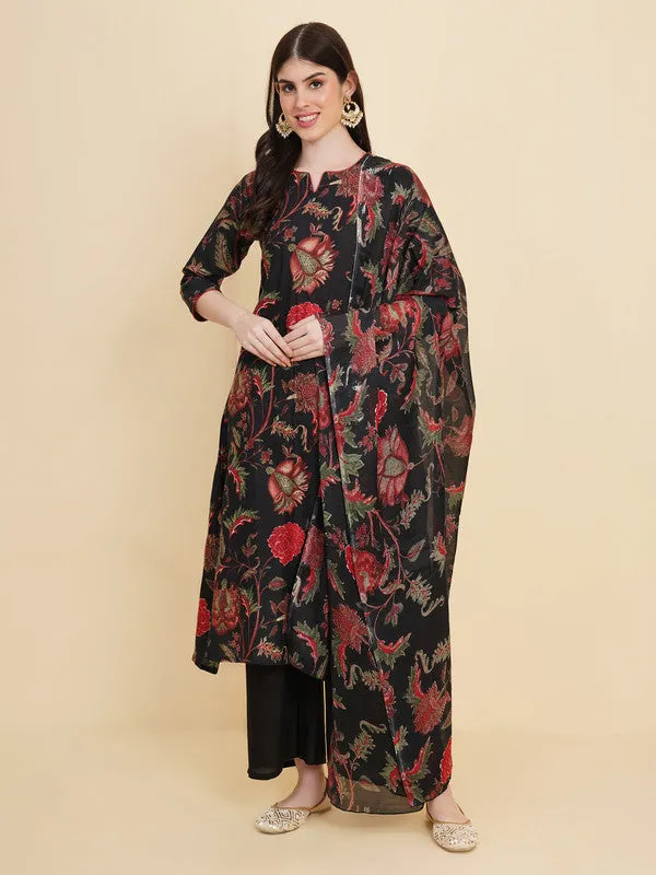 Women's Cotton Floral Printed Kurta Palazzo Set With Dupatta