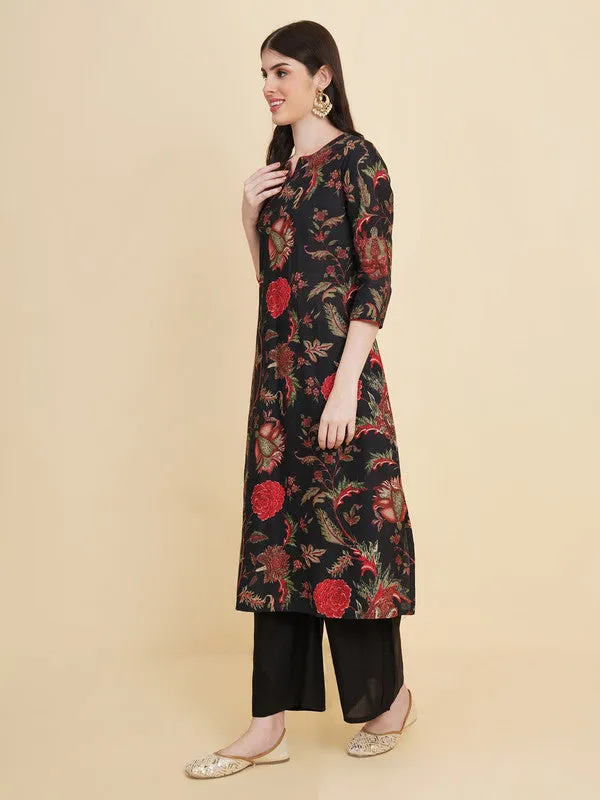 Women's Cotton Floral Printed Kurta Palazzo Set With Dupatta