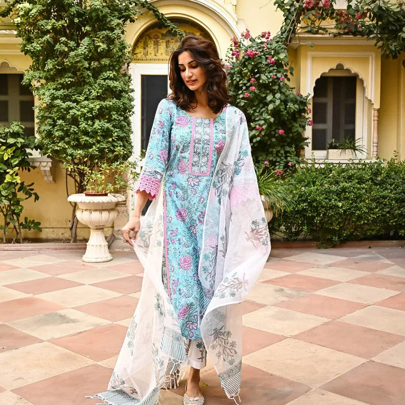 Women's Sky Blue Cotton Floral Printed Kurta Pant Set With Dupatta