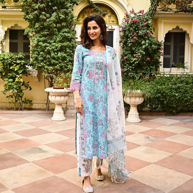 Women's Sky Blue Cotton Floral Printed Kurta Pant Set With Dupatta