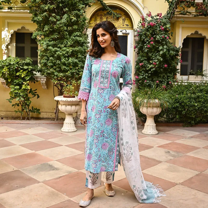 Women's Sky Blue Cotton Floral Printed Kurta Pant Set With Dupatta
