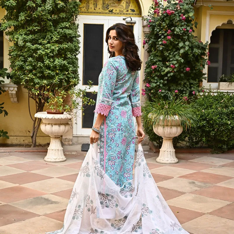 Women's Sky Blue Cotton Floral Printed Kurta Pant Set With Dupatta