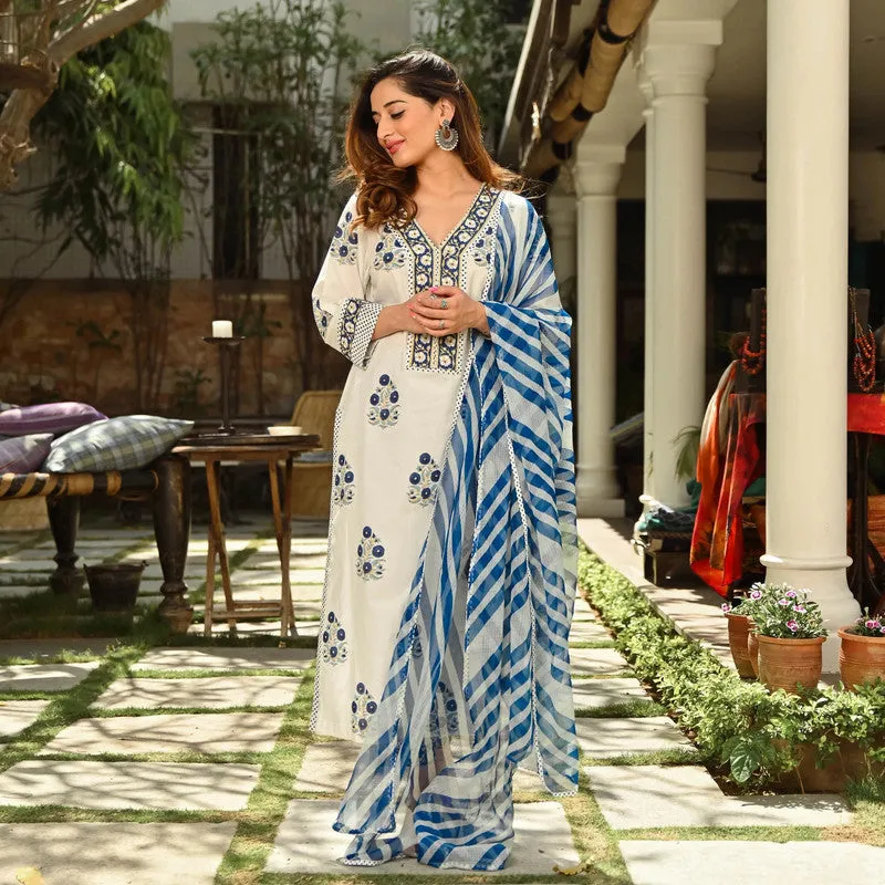Women's White Cotton Floral Printed Kurta Pant Set With Dupatta