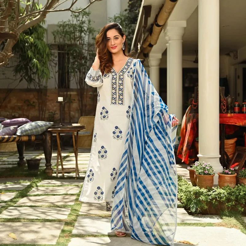 Women's White Cotton Floral Printed Kurta Pant Set With Dupatta