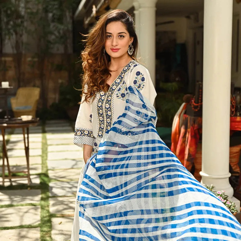 Women's White Cotton Floral Printed Kurta Pant Set With Dupatta