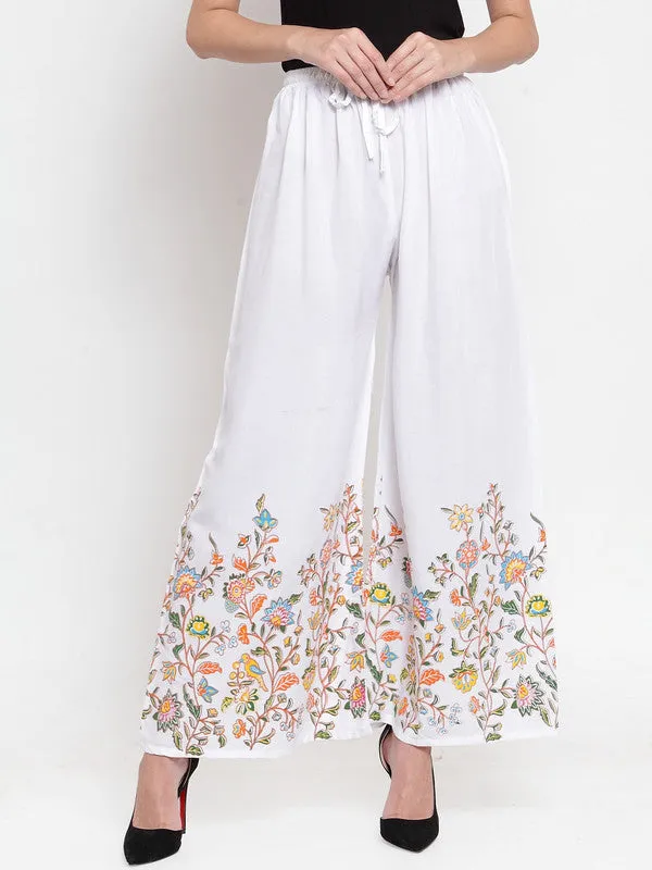 Women'S White Floral Printed Rayon Palazzo
