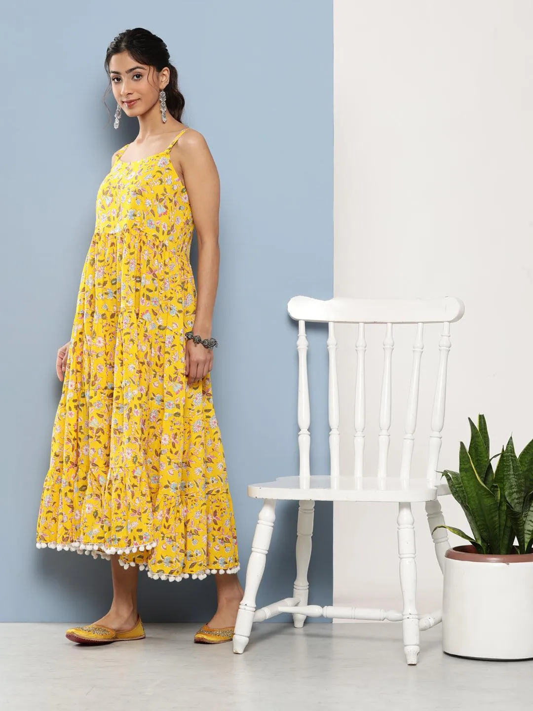 Yellow Floral Shoulder Strip Long Dress